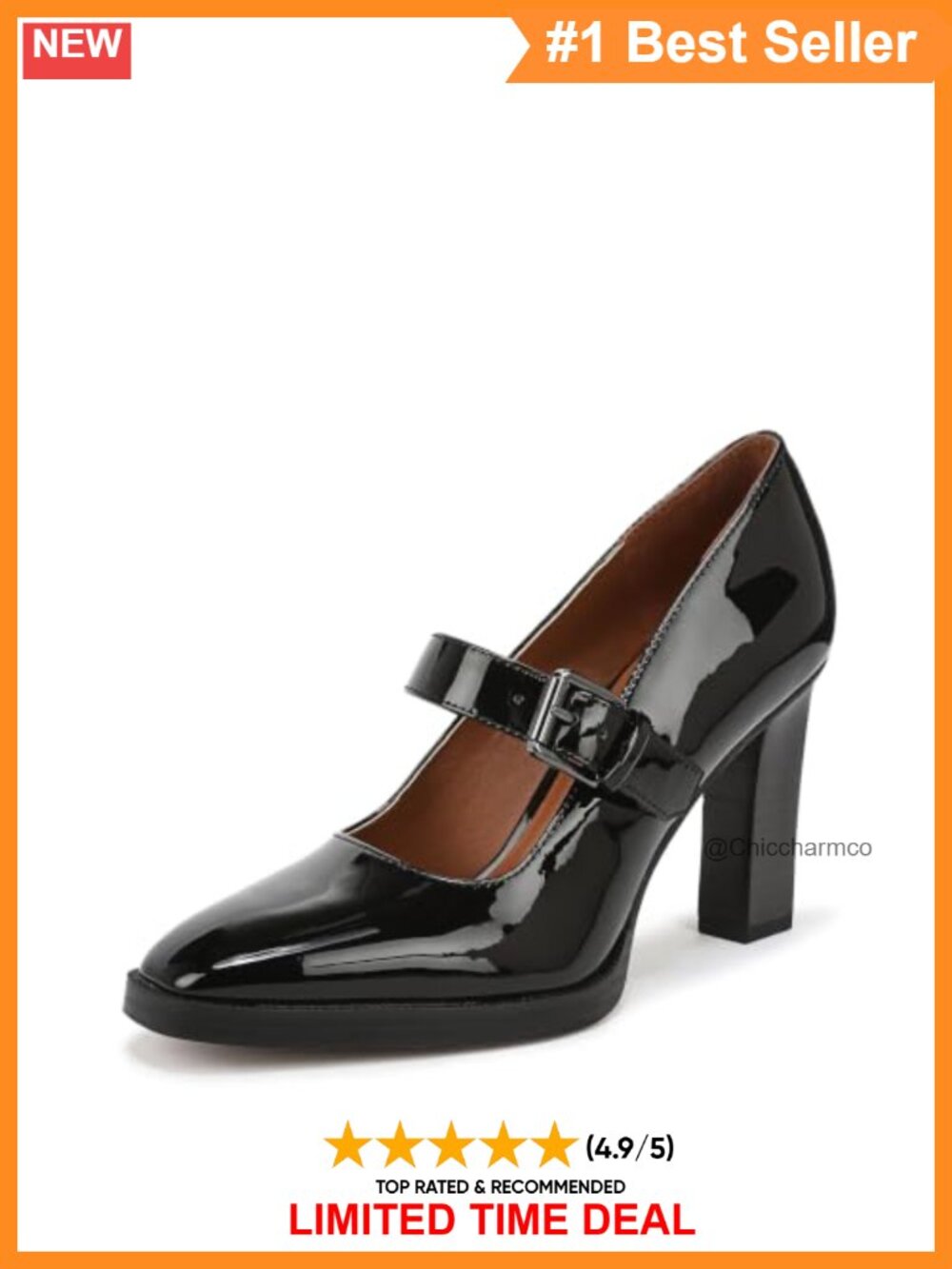 Faux Leather Square Toe Pump with Adjustable Buckle and Stacked Heel